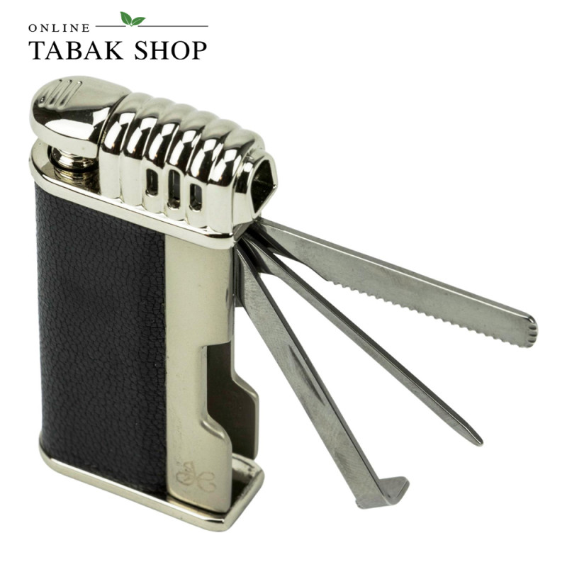 Jean Claude Pfeifenfeuerzeug Kent – Chrom poliert & Lederoptik Schwarz (Piezo) - besteck