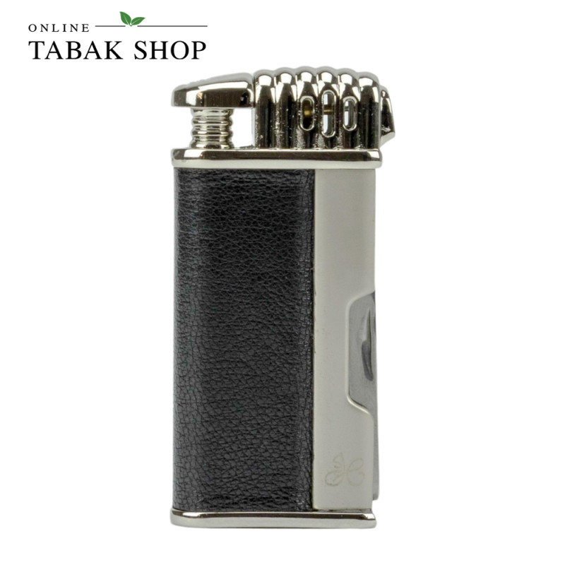 Jean Claude Pfeifenfeuerzeug Kent – Chrom poliert & Lederoptik Schwarz (Piezo) - front