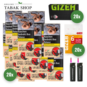 20x American Spirit Selected Red 30g Pouch + 2000 GIZEH Black Fine Blättchen + 2400 GIZEH Slim Filter 6mm + 2 Sturmfeuerzeuge