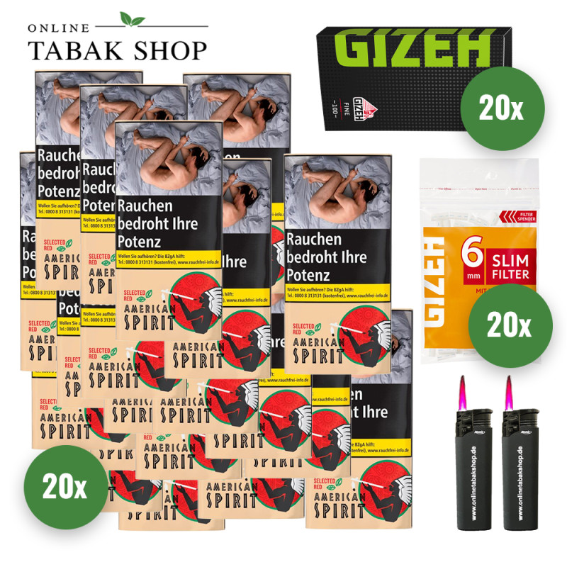 20x AMERICAN SPIRIT Selected Red 30g Pouch + 2000 GIZEH Black Fine Blättchen + 2400 GIZEH Slim Filter 6mm + 2 Sturmfeuerzeuge
