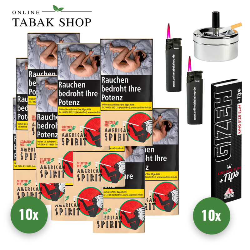 10x AMERICAN SPIRIT Selected Red 30g Pouch + 340 GIZEH King Size Slim + Tips Blättchen + 2 Sturmfeuerzeuge + 1 Drehascher
