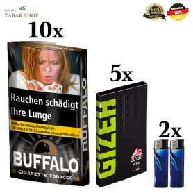 10x40g Buffalo Feinschnitttabak Black 40g + 5x100er Gizeh Fine Green Blättchen 2 Feuerzeuge - 60,50 €