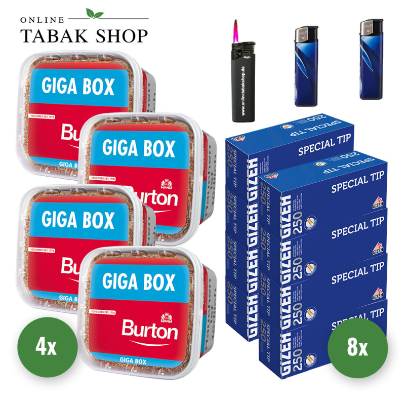 BURTON Full Red (4 x 400g) + 2.000 GIZEH Special Tip Hülsen + 1 Sturmfeuerzeug + 2 Feuerzeuge