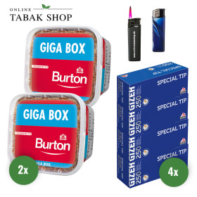 BURTON Full Red (2 x 400g) + 1.000 GIZEH Special Tip Hülsen + 1 Sturmfeuerzeug + 1 Feuerzeug