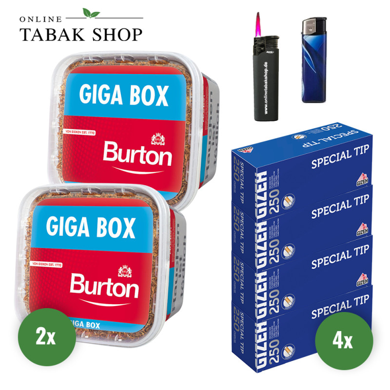 BURTON Full Red (2 x 400g) + 1.000 GIZEH Special Tip Hülsen + 1 Sturmfeuerzeug + 1 Feuerzeug