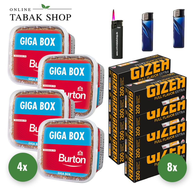 Burton Full Red (4 x 400g) + 2.000 Gizeh Full Flavor Extra Hülsen + 1 Sturmfeuerzeug + 2 Feuerzeuge