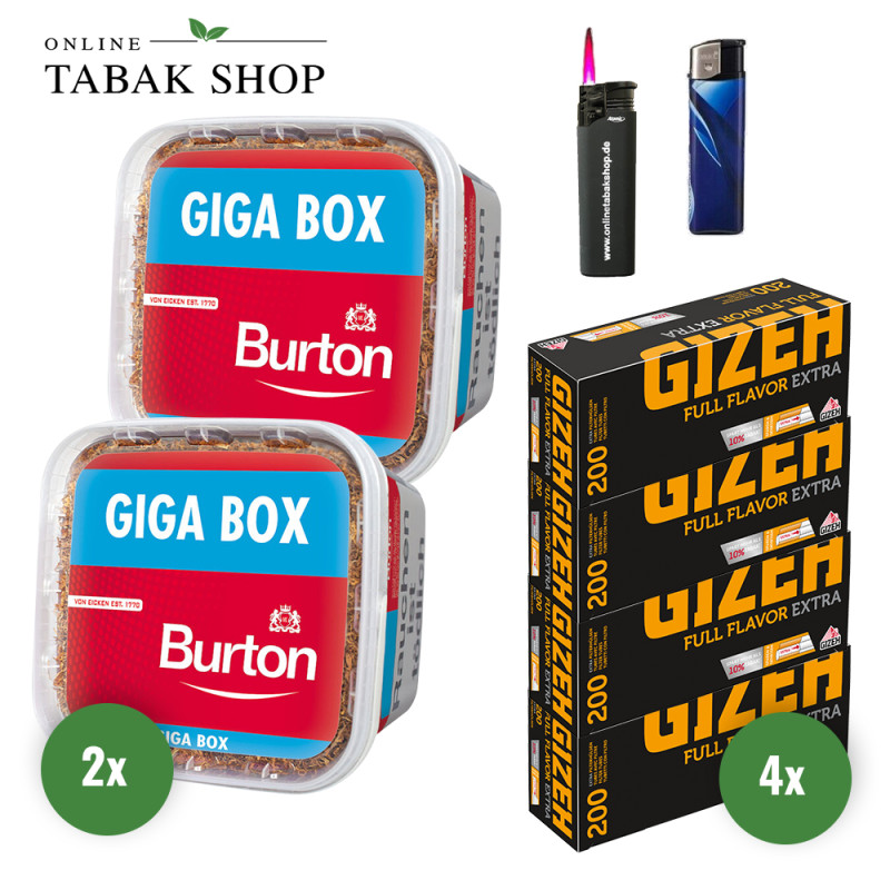 Burton Volumentabak Red (2 x 400g) + 1.000 Gizeh Full Flavor Extra Hülsen + 1 Sturmfeuerzeug + 1 Feuerzeug