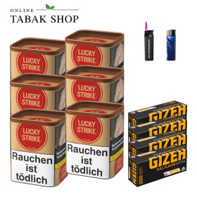 6x LUCKY STRIKE Origins USA Red 59 Dose + 800 GIZEH Full Flavor Extra Hülsen + 3 Feuerzeuge + 2 Sturmfeuerzeuge