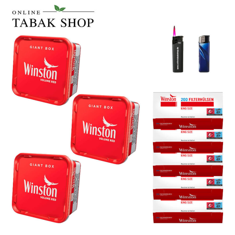 3x Winston Tabak Rot 155g Eimer + 1000 Winston Hülsen + 1 Feuerzeuge + 1 Sturmfeuerzeuge
