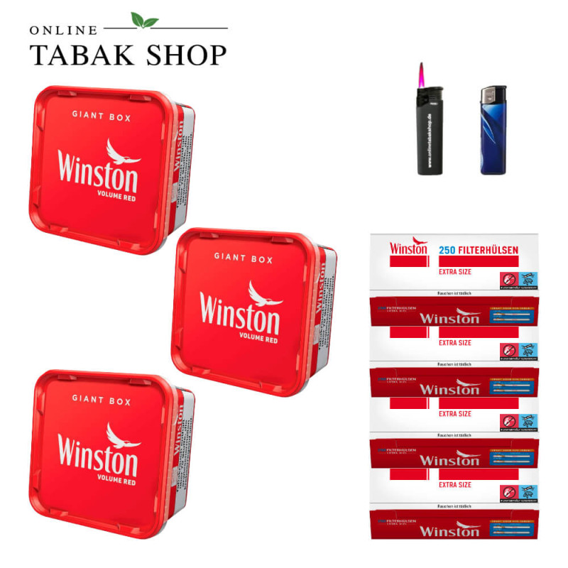 3x Winston Tabak Rot 155g Eimer + 1000 Winston Extra Hülsen + 1 Feuerzeuge + 1 Sturmfeuerzeuge
