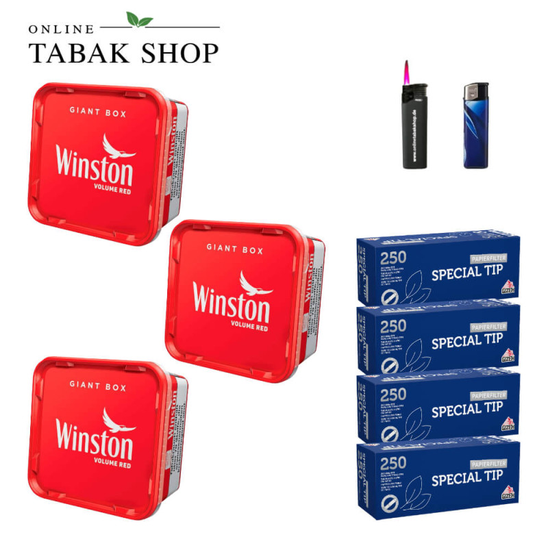 3x Winston Tabak Rot 155g Eimer + 1000 GIZEH Special Tip Hülsen + 1 Feuerzeuge + 1 Sturmfeuerzeuge