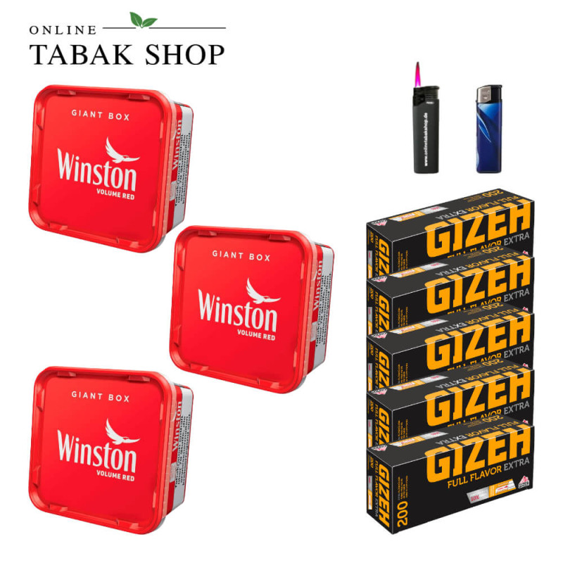 3x Winston Tabak Rot 155g Eimer + 1000 GIZEH Full Flavor Extra Hülsen + 1 Feuerzeuge + 1 Sturmfeuerzeuge