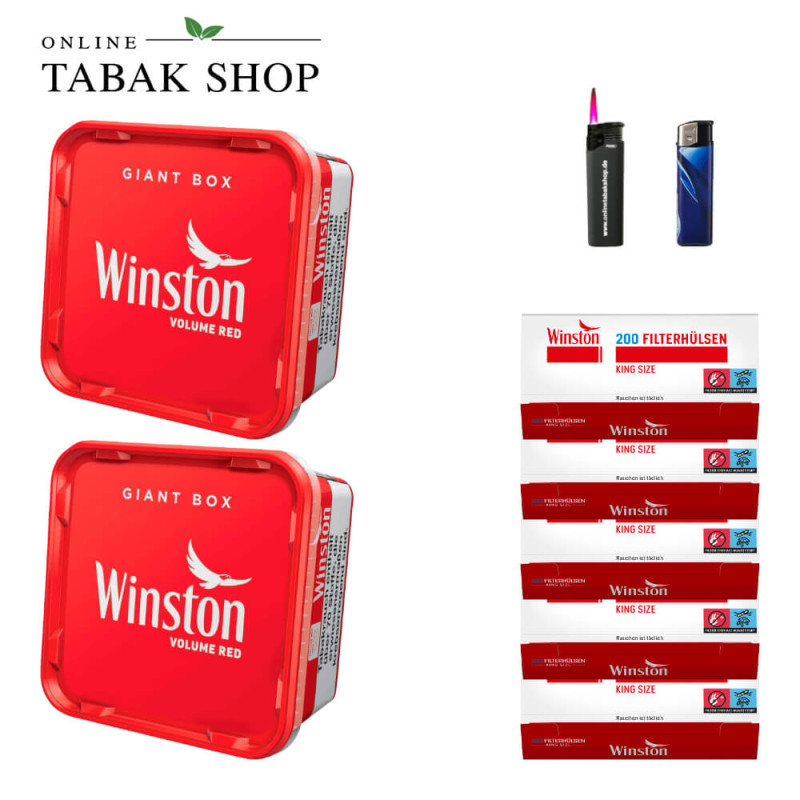 2x Winston Tabak Rot 155g Eimer + 1000 Winston Hülsen + 1 Feuerzeuge + 1 Sturmfeuerzeuge