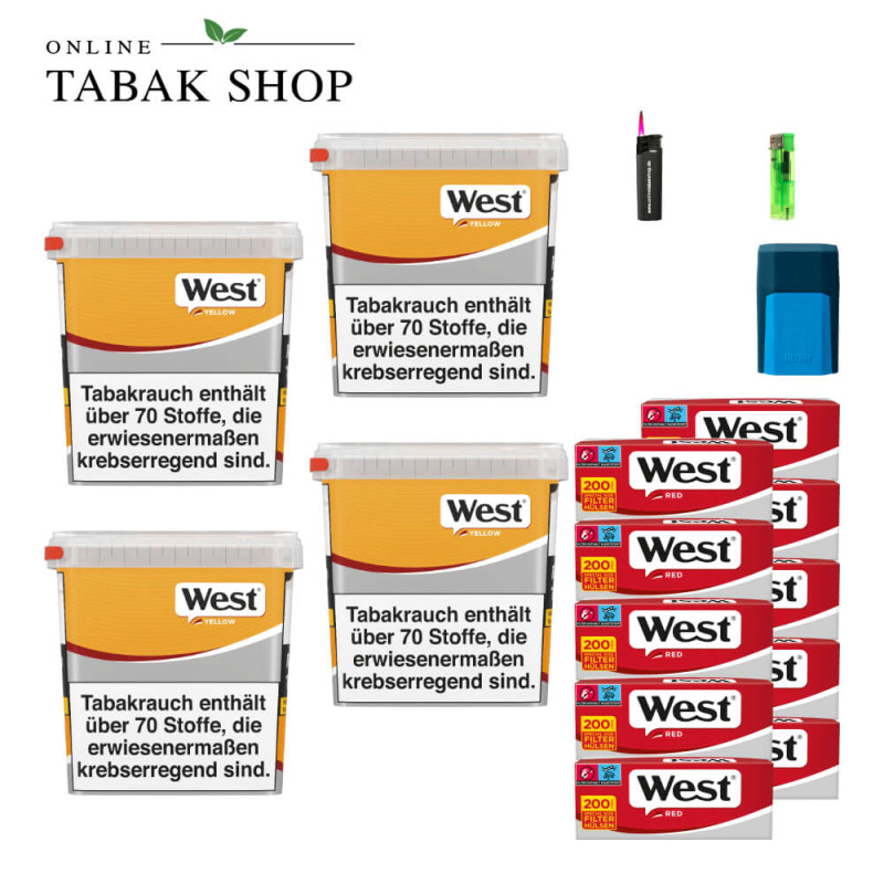 4x West Yellow Tabak 245g Eimer + 2000 West Red Hülsen + 1 Feuerzeug + 1 Sturmfeuerzeug + 1 GIZEH Etui