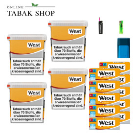 4x West Yellow Tabak 245g Eimer + 2000 West Yellow Hülsen + 1 Feuerzeug + 1 Sturmfeuerzeug + 1 GIZEH Etui
