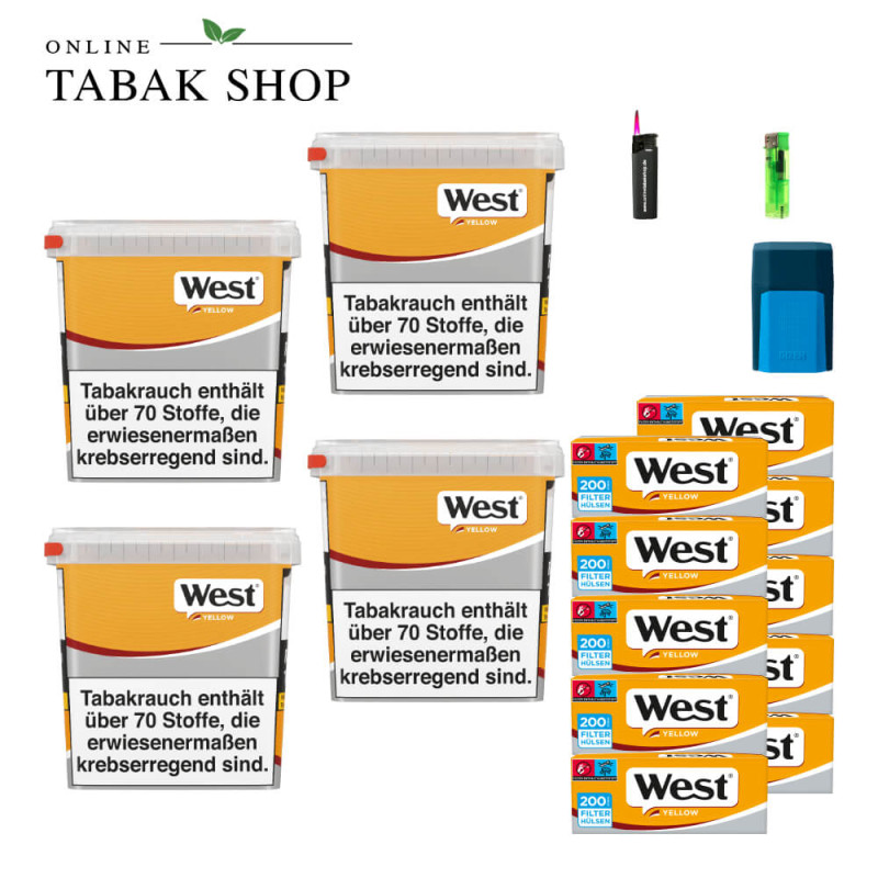 4x West Yellow Tabak 245g Eimer + 2000 West Yellow Hülsen + 1 Feuerzeuge + 1 Sturmfeuerzeuge + 1 GIZEH Etui