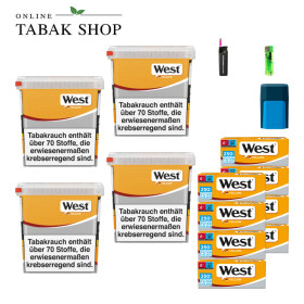4x West Yellow Tabak 245g Eimer + 2000 West Yellow Special Hülsen + 1 Feuerzeug + 1 Sturmfeuerzeug + 1 GIZEH Etui