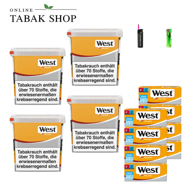 4x West Yellow Tabak 245g Eimer + 2000 West Yellow Special Hülsen + 1 Sturmfeuerzeug + 1 Feuerzeug