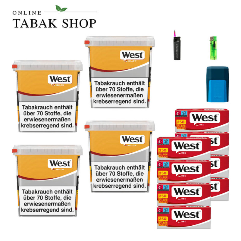4x West Yellow Tabak 245g Eimer + 2000 West Red Special Hülsen + 1 Feuerzeuge + 1 Sturmfeuerzeuge + 1 GIZEH Etui