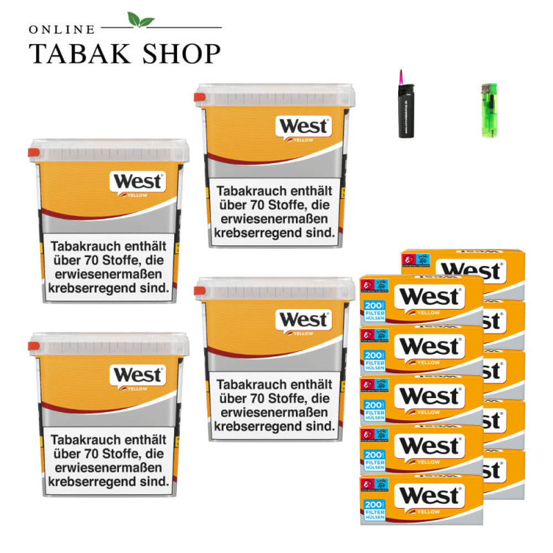 4x West Yellow Tabak 245g Eimer + 2000 West Yellow Hülsen + 1 Sturmfeuerzeug + 1 Feuerzeug