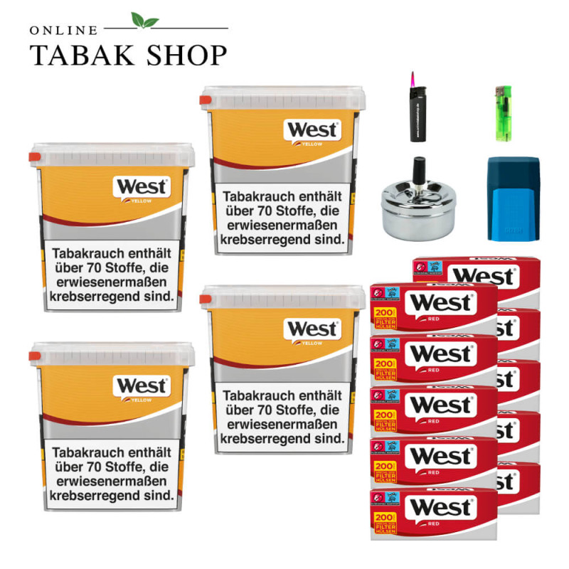 4x West Yellow Tabak 245g Eimer + 2000 West Red Hülsen + 1 Sturmfeuerzeug + 1 Feuerzeug + 1 GIZEH Etui + 1 Drehascher 9cm
