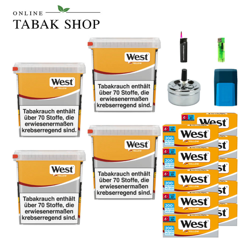 4x West Yellow Tabak 245g Eimer + 2000 West Yellow Hülsen + 1 Sturmfeuerzeug + 1 Feuerzeug + 1 GIZEH Etui + 1 Drehascher 9cm
