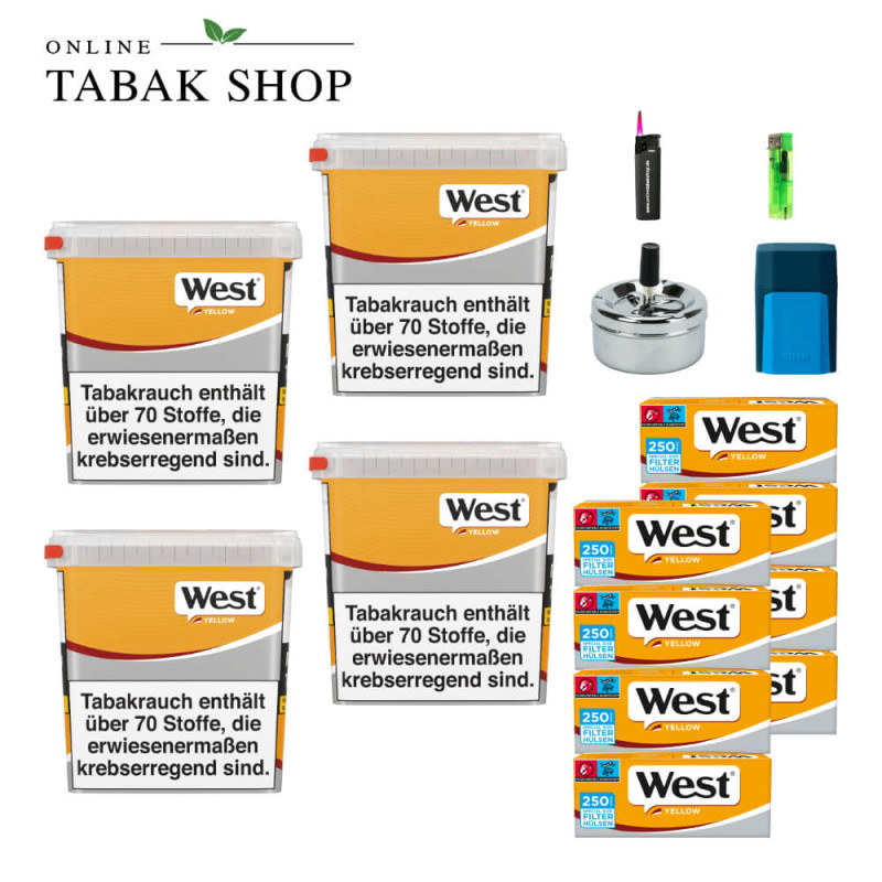 4x West Yellow Tabak 245g Eimer + 2000 West Yellow Special Hülsen + 1 Sturmfeuerzeug + 1 Feuerzeug + 1 GIZEH Etui + 1 Drehascher