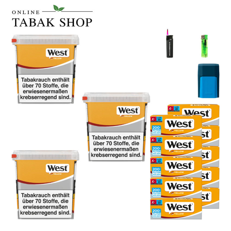 3x West Yellow Tabak 245g Eimer + 2000 West Yellow Hülsen + 1 Feuerzeuge + 1 Sturmfeuerzeuge + 1 GIZEH Etui