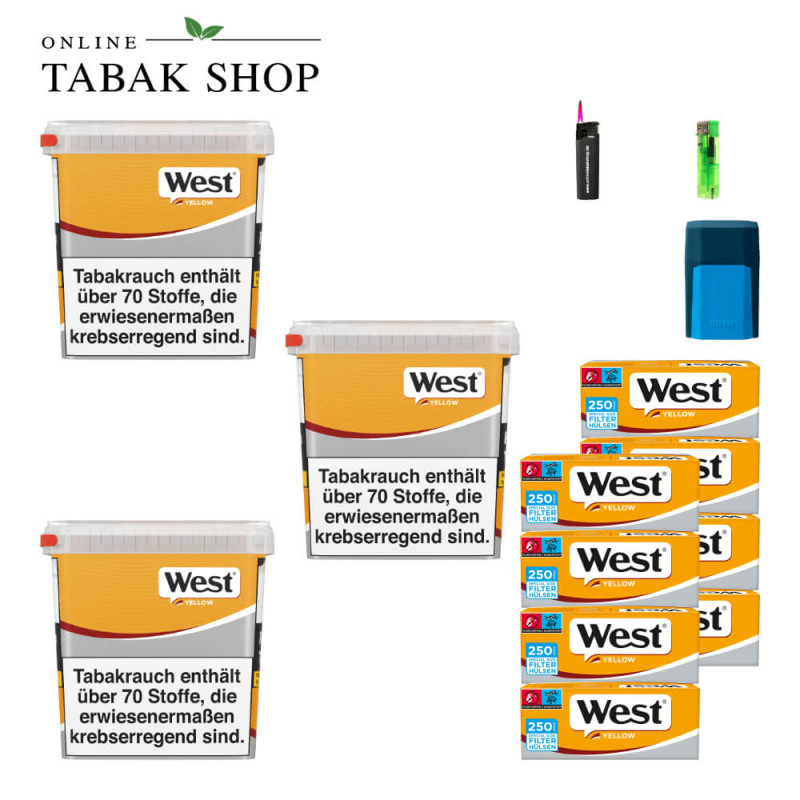 3x West Yellow Tabak 245g Eimer + 2000 West Yellow Special Hülsen + 1 Feuerzeuge + 1 Sturmfeuerzeuge + 1 GIZEH Etui