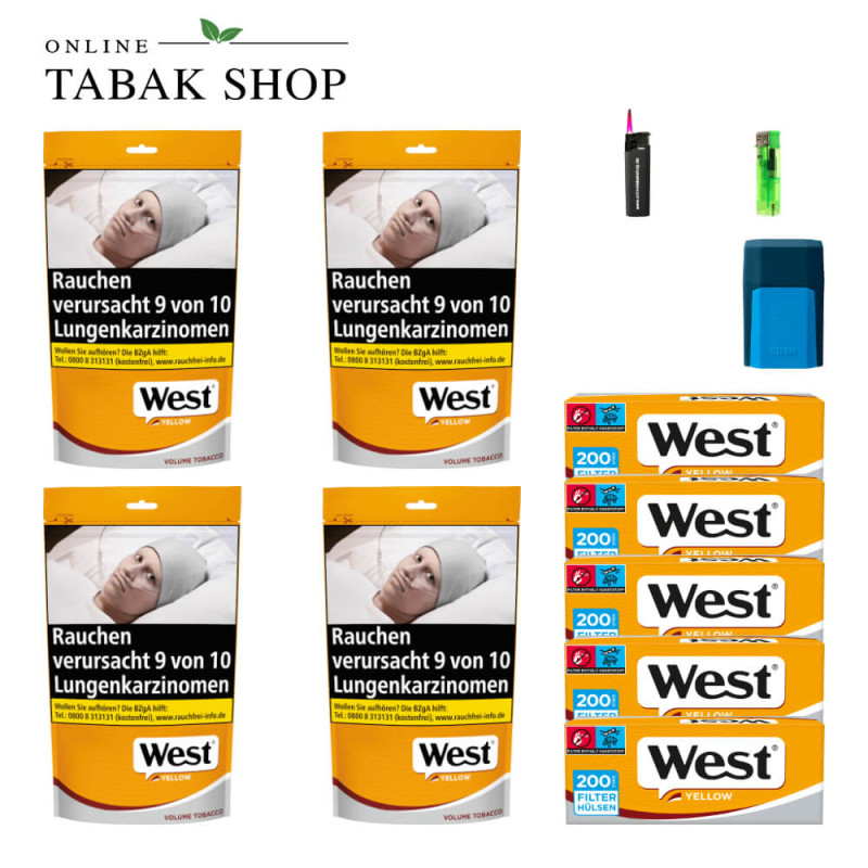 4x West Yellow Tabak 85g Beutel + 1000 West Yellow Hülsen + 1 Feuerzeug + 1 Sturmfeuerzeug + 1 GIZEH Etui