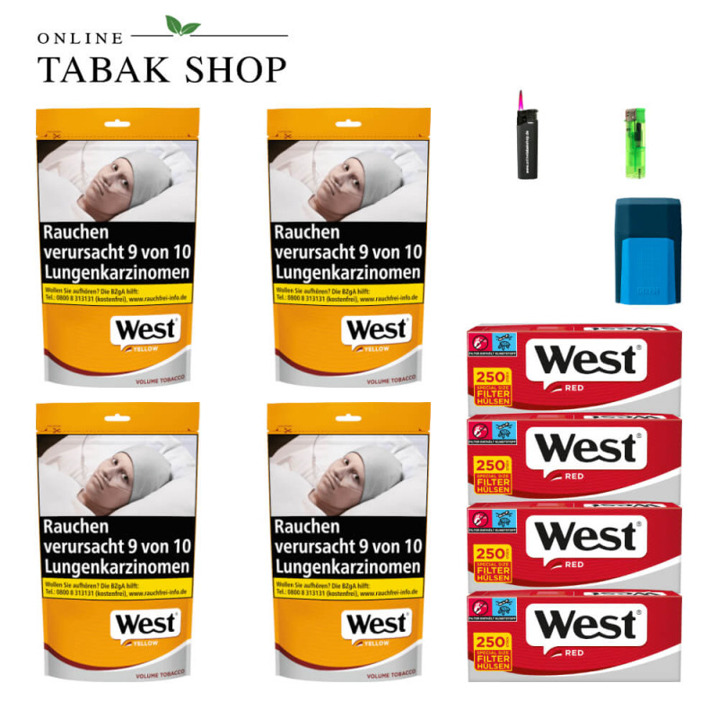 4x West Yellow Tabak 85g Beutel + 1000 West Red Special Hülsen + 1 Feuerzeug + 1 Sturmfeuerzeug + 1 GIZEH Etui