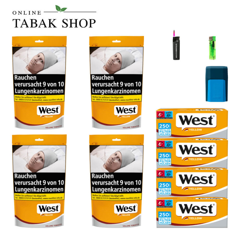 4x West Yellow Tabak 85g Beutel + 1000 West Yellow Special Hülsen + 1 Feuerzeug + 1 Sturmfeuerzeug + 1 GIZEH Etui