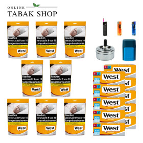 8x West Yellow Tabak 85g Beutel + 2000 West Yellow Hülsen + 2 Feuerzeuge + 1 Sturmfeuerzeug + 1 GIZEH Etui + Drehascher