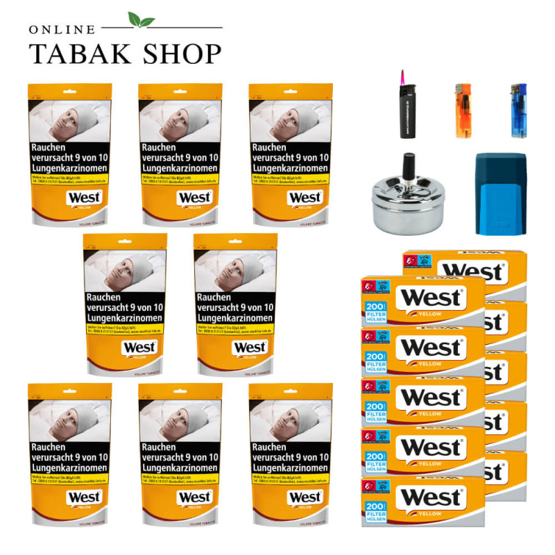 8x West Yellow Tabak 85g Beutel + 2000 West Yellow Hülsen + 2 Feuerzeuge + 1 Sturmfeuerzeug + 1 GIZEH Etui + Drehascher