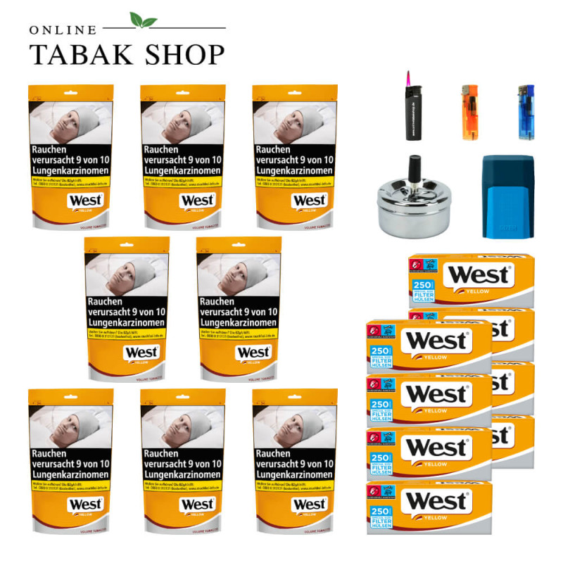 8x West Yellow Tabak 85g Beutel + 2000 West Yellow Special Hülsen + 2 Feuerzeuge + 1 Sturmfeuerzeug + 1 GIZEH Etui + Drehascher