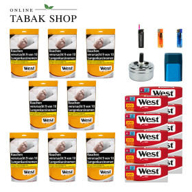 8x West Yellow Tabak 85g Beutel + 2000 West Red Hülsen + 2 Feuerzeuge + 1 Sturmfeuerzeug + 1 GIZEH Etui + Drehascher