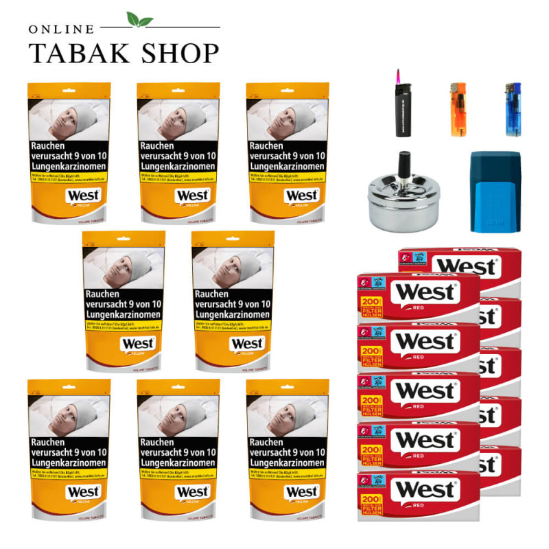 8x West Yellow Tabak 85g Beutel + 2000 West Red Hülsen + 2 Feuerzeuge + 1 Sturmfeuerzeug + 1 GIZEH Etui + Drehascher