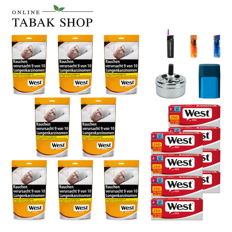 8x West Yellow Tabak 85g Beutel + 2000 West Red Special Hülsen + 2 Feuerzeuge + 1 Sturmfeuerzeug + 1 GIZEH Etui + Drehascher