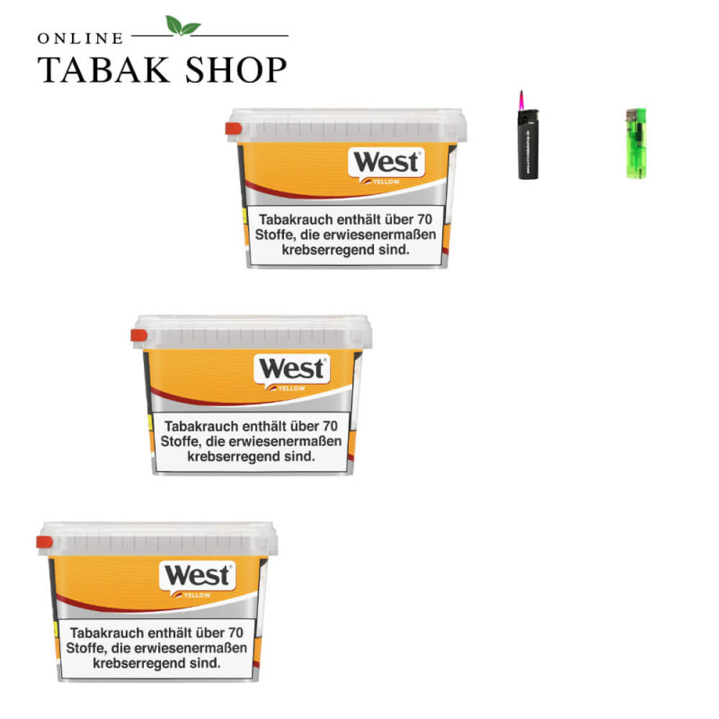 3x West Yellow Tabak 105g Eimer + 1 Feuerzeuge + 1 Sturmfeuerzeug
