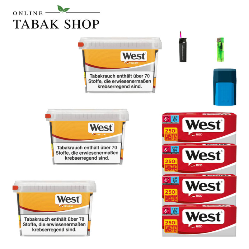 3x West Yellow Tabak 105g Eimer + 1000 West Red Special Hülsen + 1 Feuerzeug + 1 Sturmfeuerzeug + 1 GIZEH Etui
