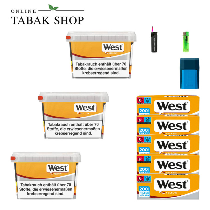 3x West Yellow Tabak 105g Eimer + 1000 West Yellow Hülsen + 1 Feuerzeug + 1 Sturmfeuerzeug + 1 GIZEH Etui