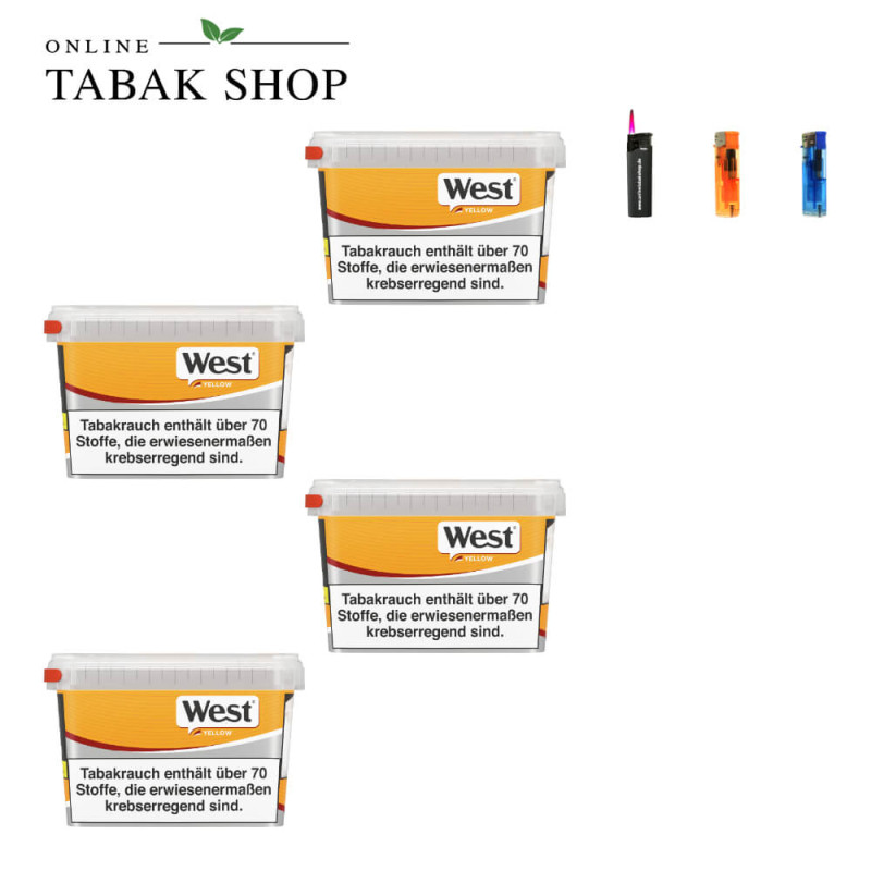 4x West Yellow Tabak 105g Eimer + 2 Feuerzeuge + 1 Sturmfeuerzeug