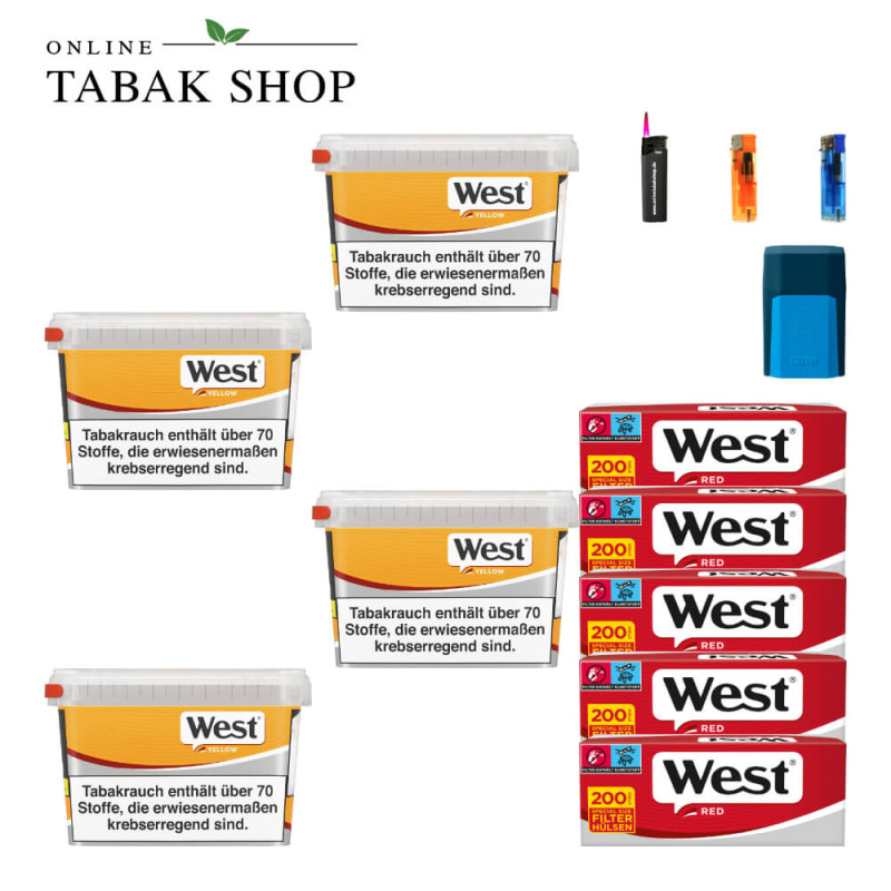 4x West Yellow Tabak 105g Eimer + 1000 West Red Hülsen + 2 Feuerzeuge + 1 Sturmfeuerzeug + 1 GIZEH Etui