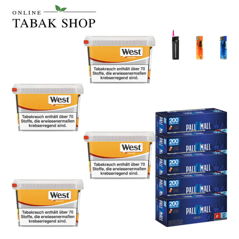 4x West Yellow Tabak 105g Eimer + 1000 PALL MALL Blue Xtra Hülsen + 2 Feuerzeuge + 1 Sturmfeuerzeug