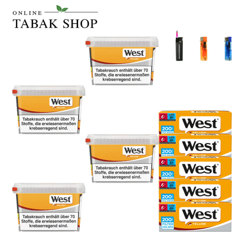 4x West Yellow Tabak 105g Eimer + 1000 West Yellow Hülsen + 2 Feuerzeuge + 1 Sturmfeuerzeug