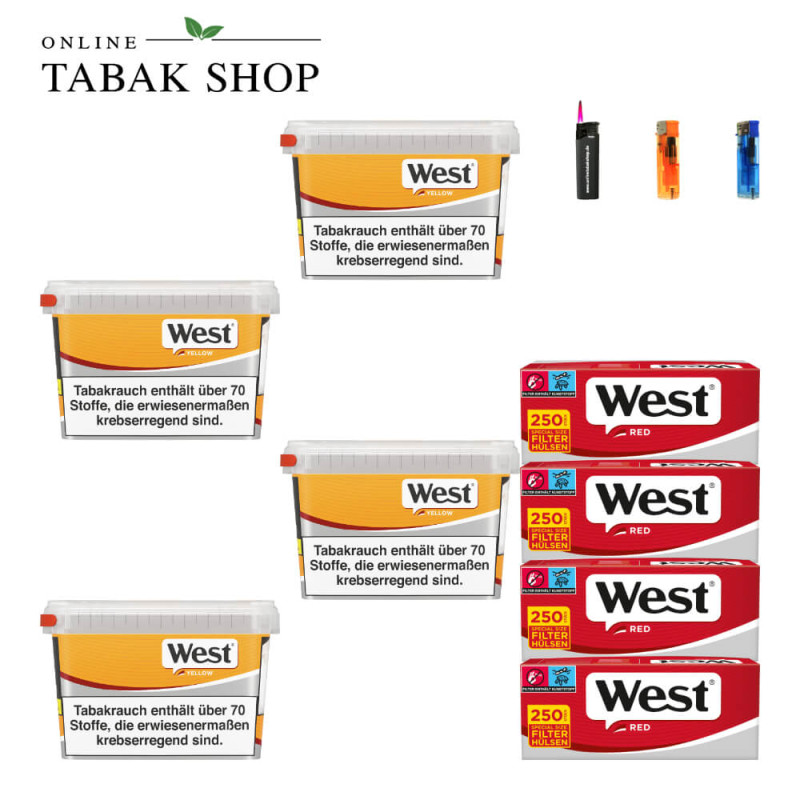 4x West Yellow Tabak 105g Eimer + 1000 West Red Special Hülsen + 2 Feuerzeuge + 1 Sturmfeuerzeug