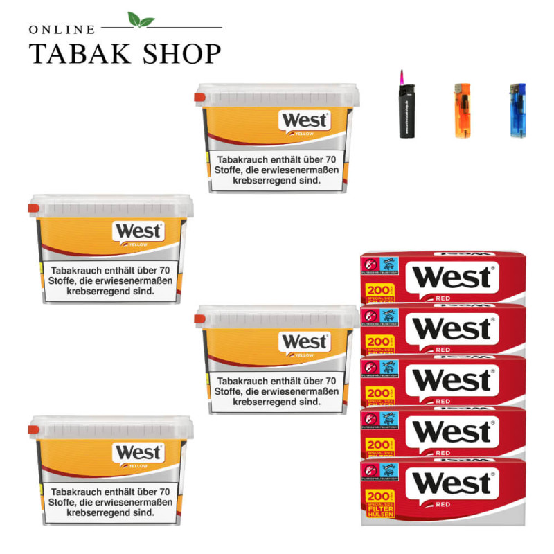 4x West Yellow Tabak 105g Eimer + 1000 West Red Hülsen + 2 Feuerzeuge + 1 Sturmfeuerzeug