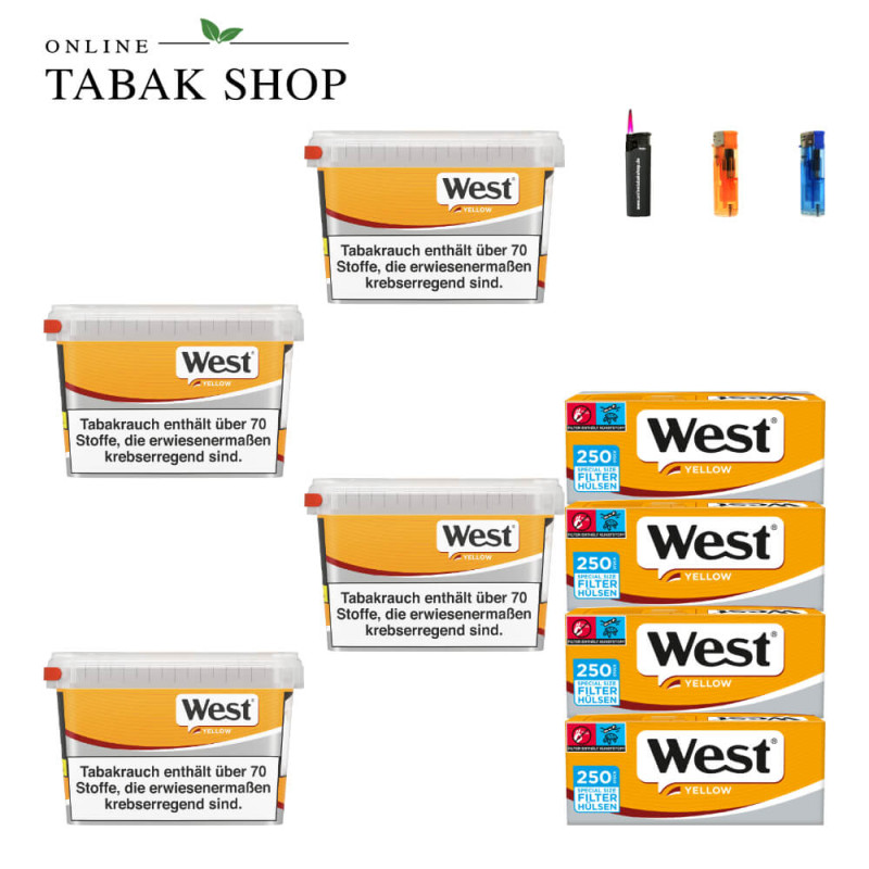 4x West Yellow Tabak 105g Eimer + 1000 West Yellow Special Hülsen + 2 Feuerzeuge + 1 Sturmfeuerzeug