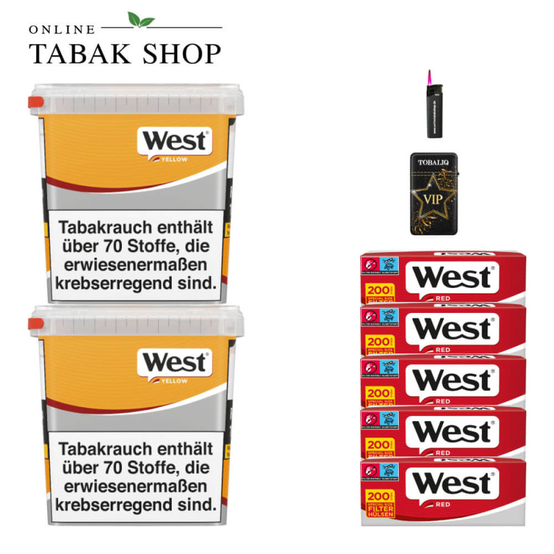 2x West Yellow Tabak 245g Eimer + 1000 West Red Hülsen + 1 Sturmfeuerzeug + 1 TobaliQ Jet Flame VIP Feuerzeug