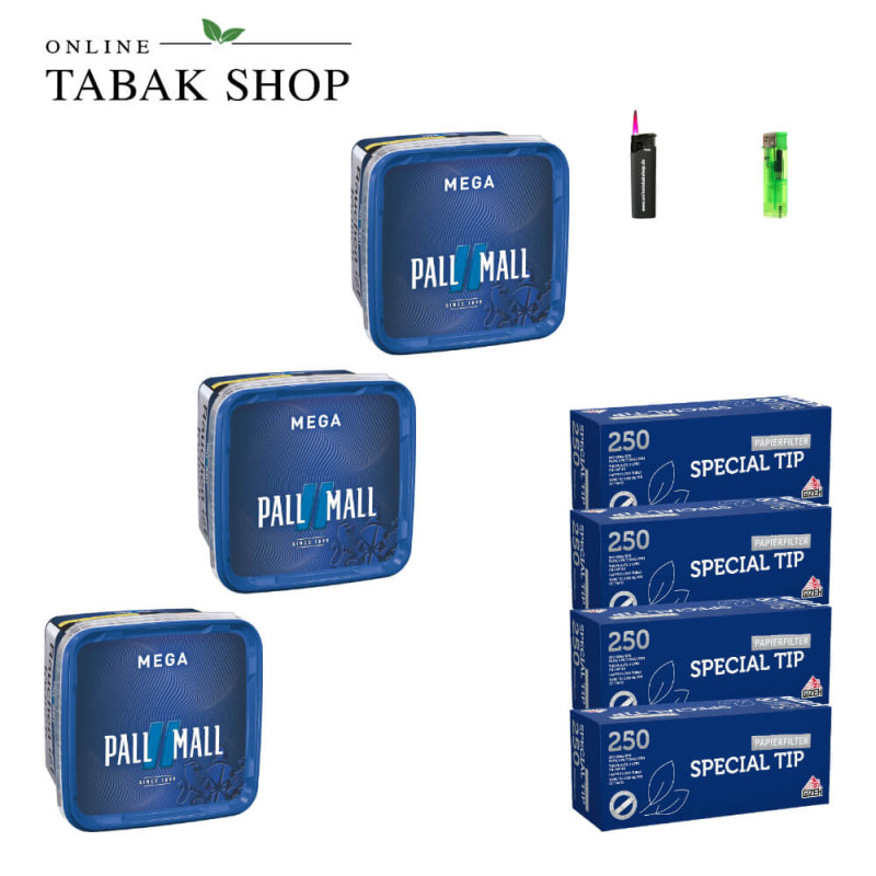 4x PALL MALL Blue Tabak Mega 115g + 1000 GIZEH Special Tip Hülsen + 1 Sturmfeuerzeug + 1 Feuerzeug